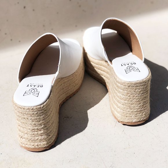 NEW White Smooth Faux Leather Espadrilles Chunky Platform Wedge Slides Sandals - Picture 6 of 13